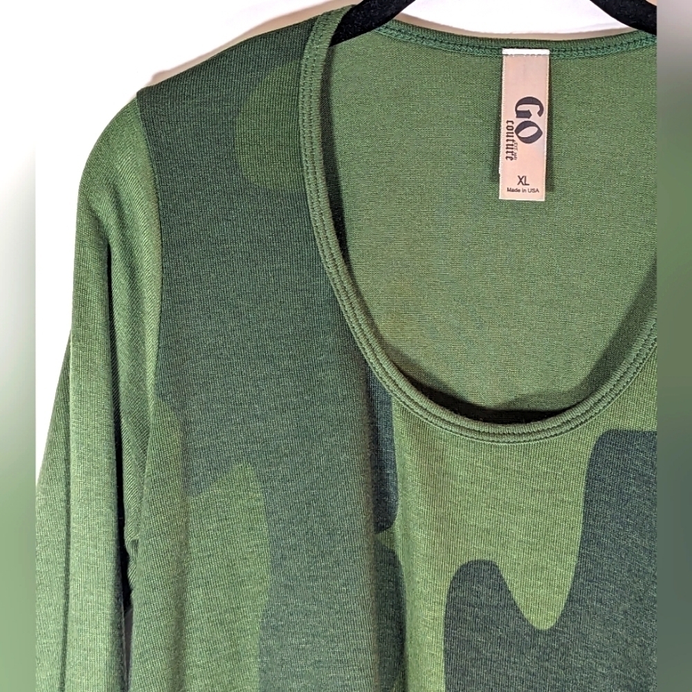 Go Couture Camo Green Asymetrical Long Sleeve Knit Top - Size XL - Picture 3 of 6